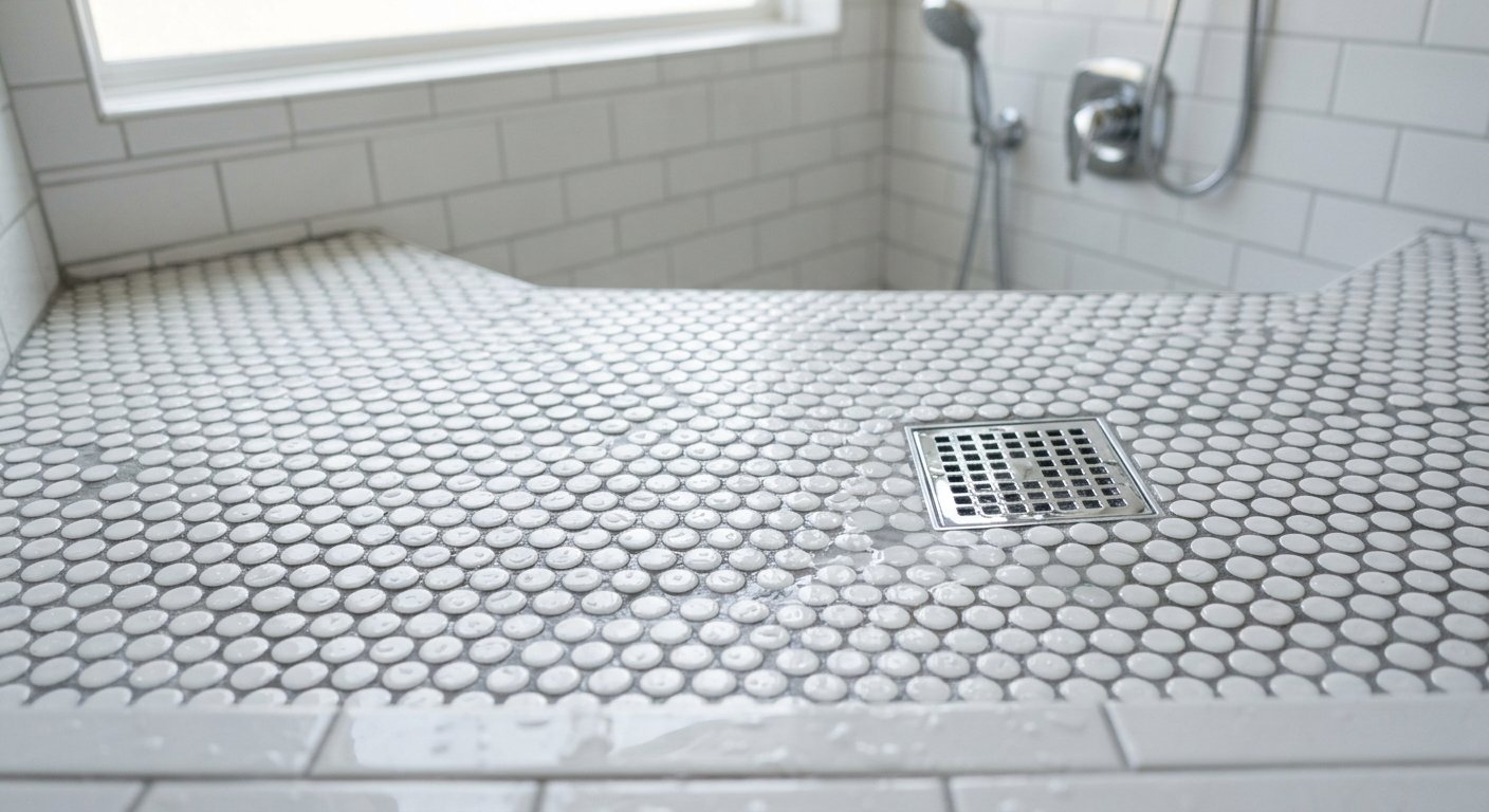 New penny-round mosaic shower floor with modern drain in Wethersfield, CT